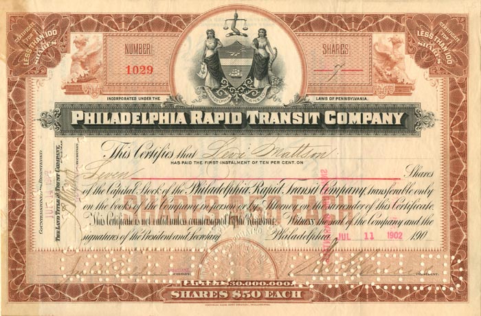 Philadelphia Rapid Transit Co. - Stock Certificate